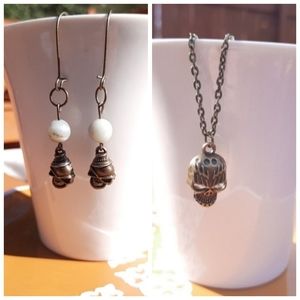 Skull Chain Necklace & Amazonite Stone Evil Skull Earrings Bundle